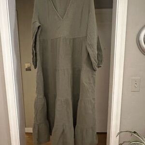 Universal Thread Olive Green Long Sleeve Gauze Tiered Dress